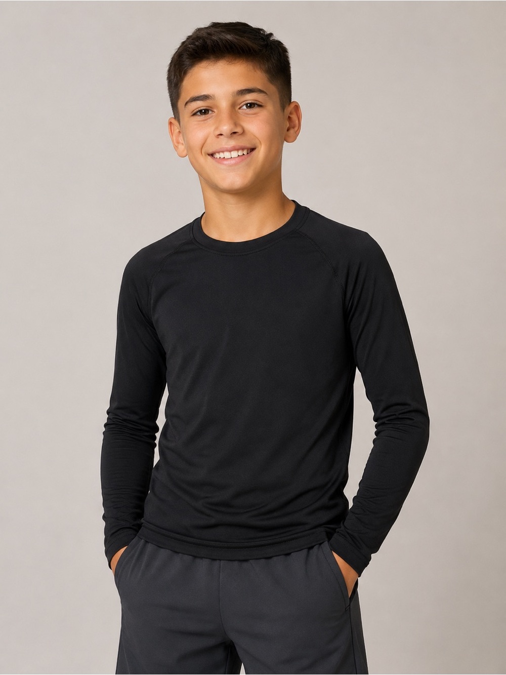 Boys Long Sleeve Athletic Shirt XS 12-14 Black Stretch Activewear